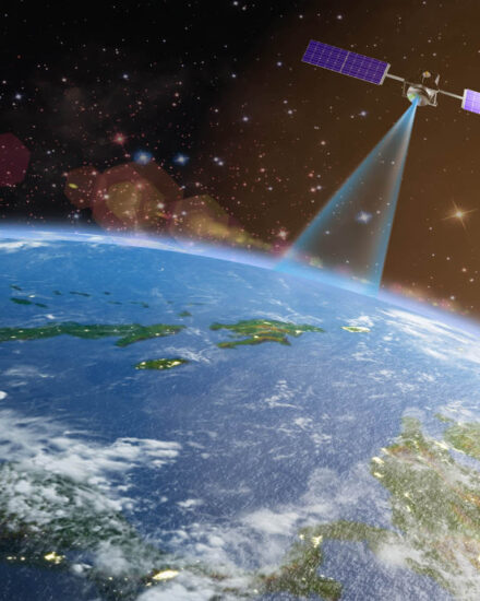 The satellite transmits a signal to the earth against the background of the sun. 3D rendering. Elements of this image furnished by NASA.
