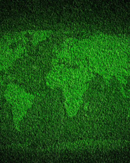 World map on green grass field background. Concepts of ecology, save the earth, environment etc.